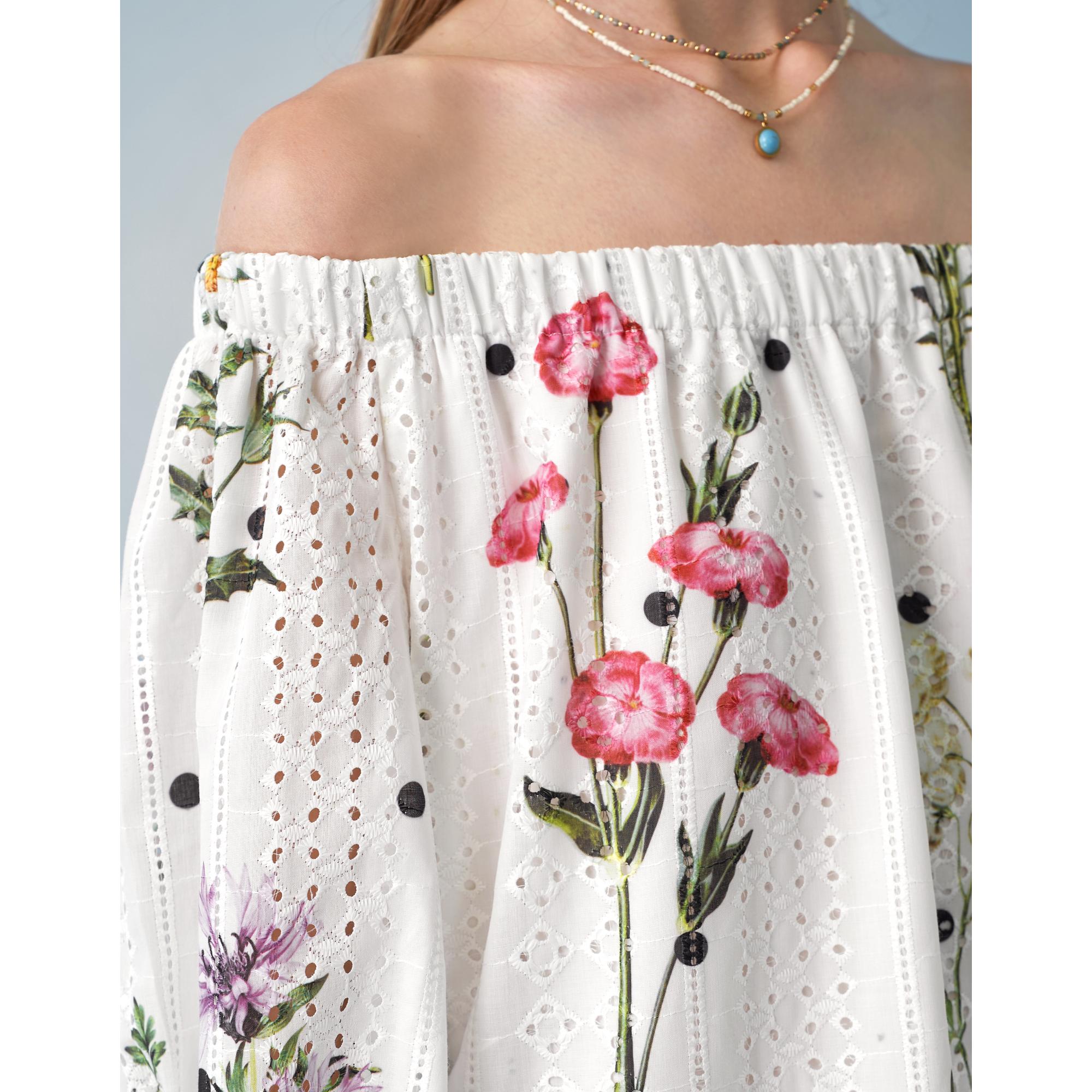 Floral Print Embroidered Off Shoulder Dress - White