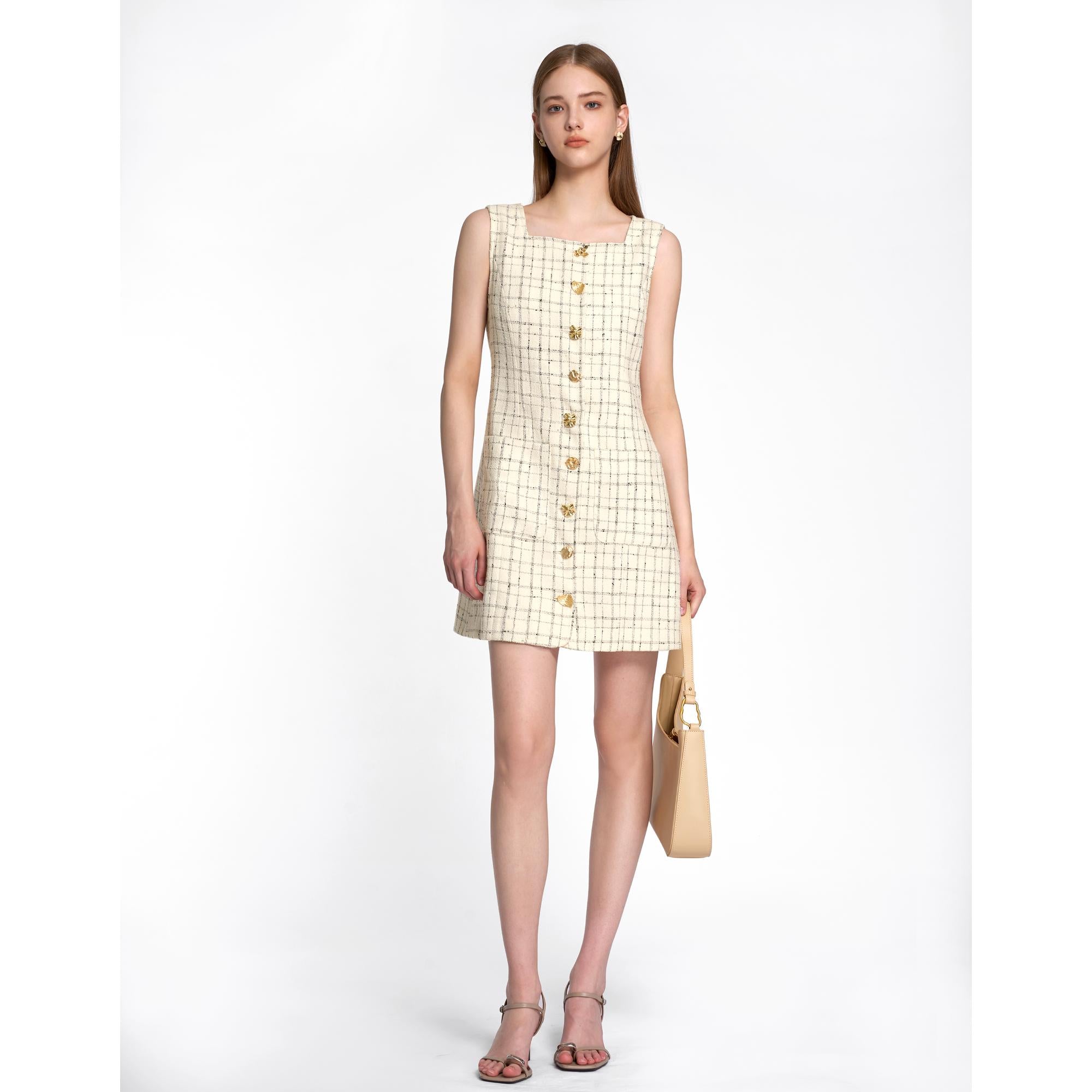 Square Neck Metallic Button Tweed Dress - Off White