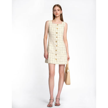 Square Neck Metallic Button Tweed Dress - Off White