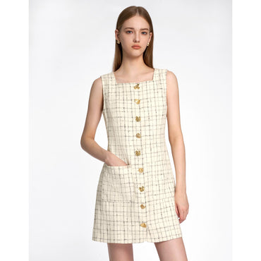 Square Neck Metallic Button Tweed Dress - Off White