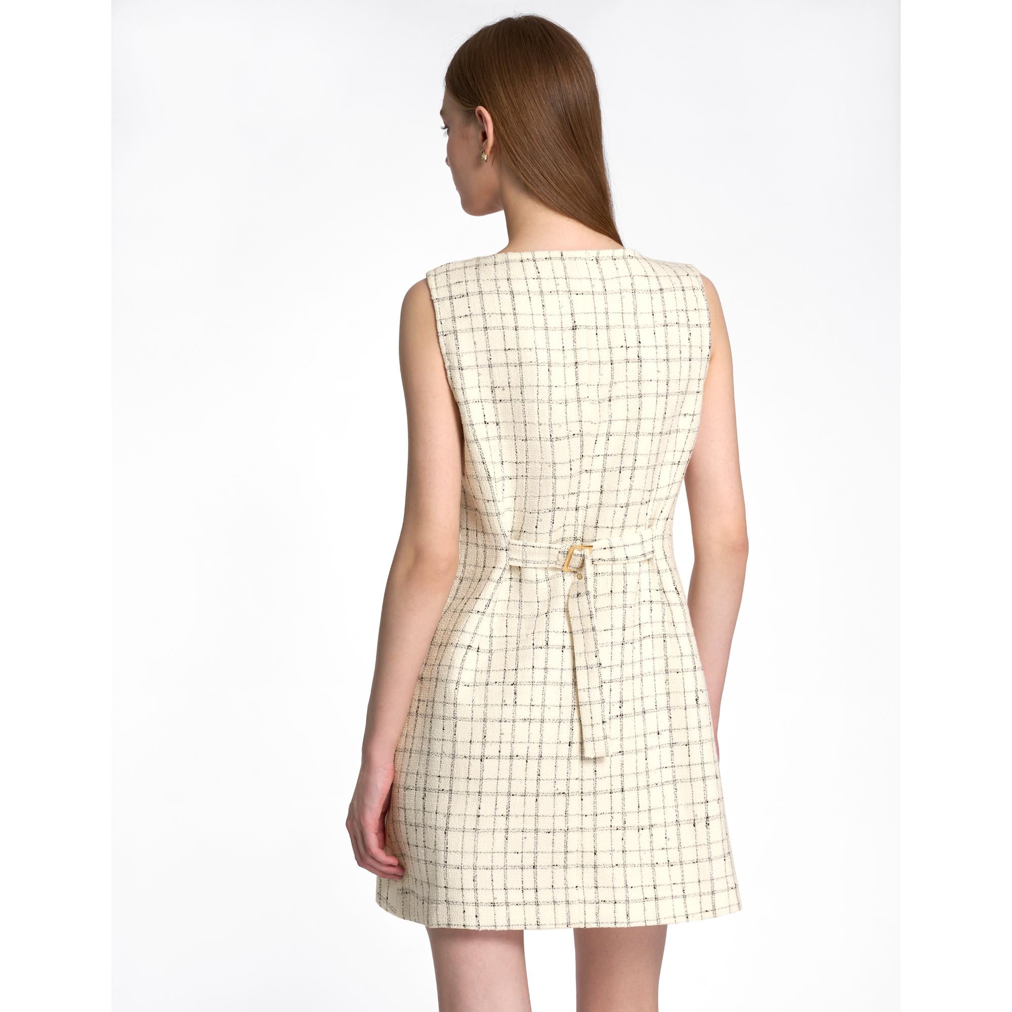 Square Neck Metallic Button Tweed Dress - Off White