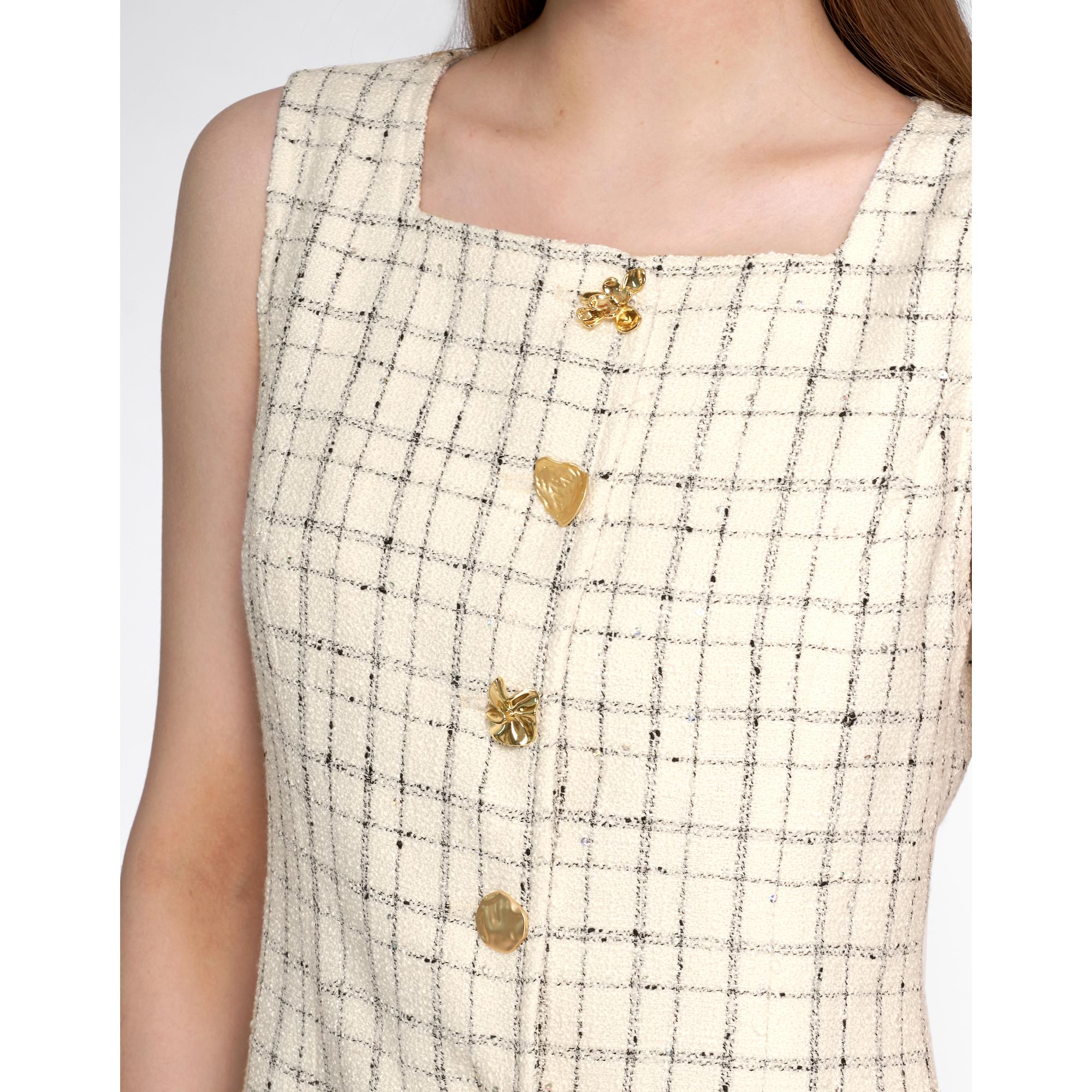 Square Neck Metallic Button Tweed Dress - Off White