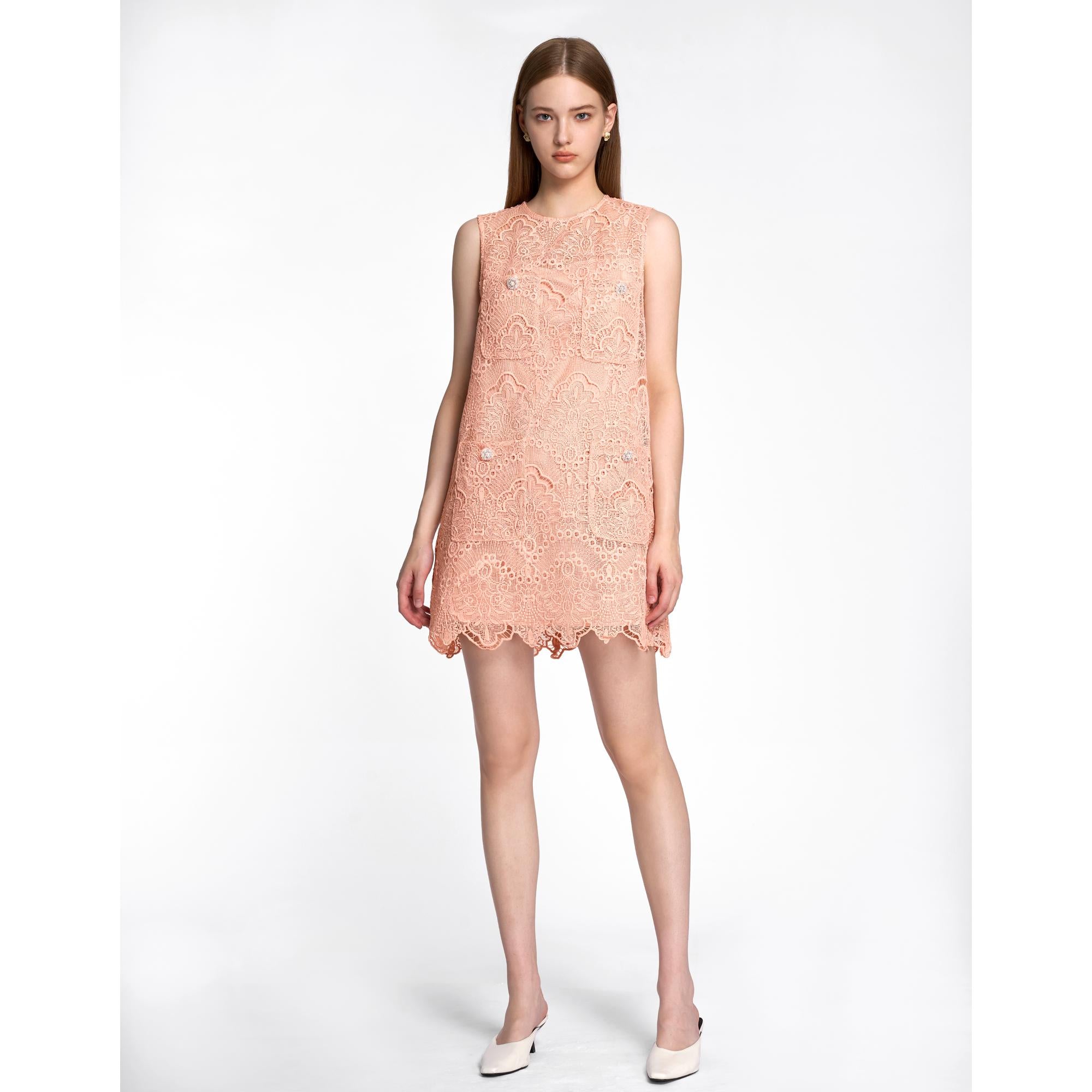 Sleeveless Patch Pocket Lace Dress - Pink