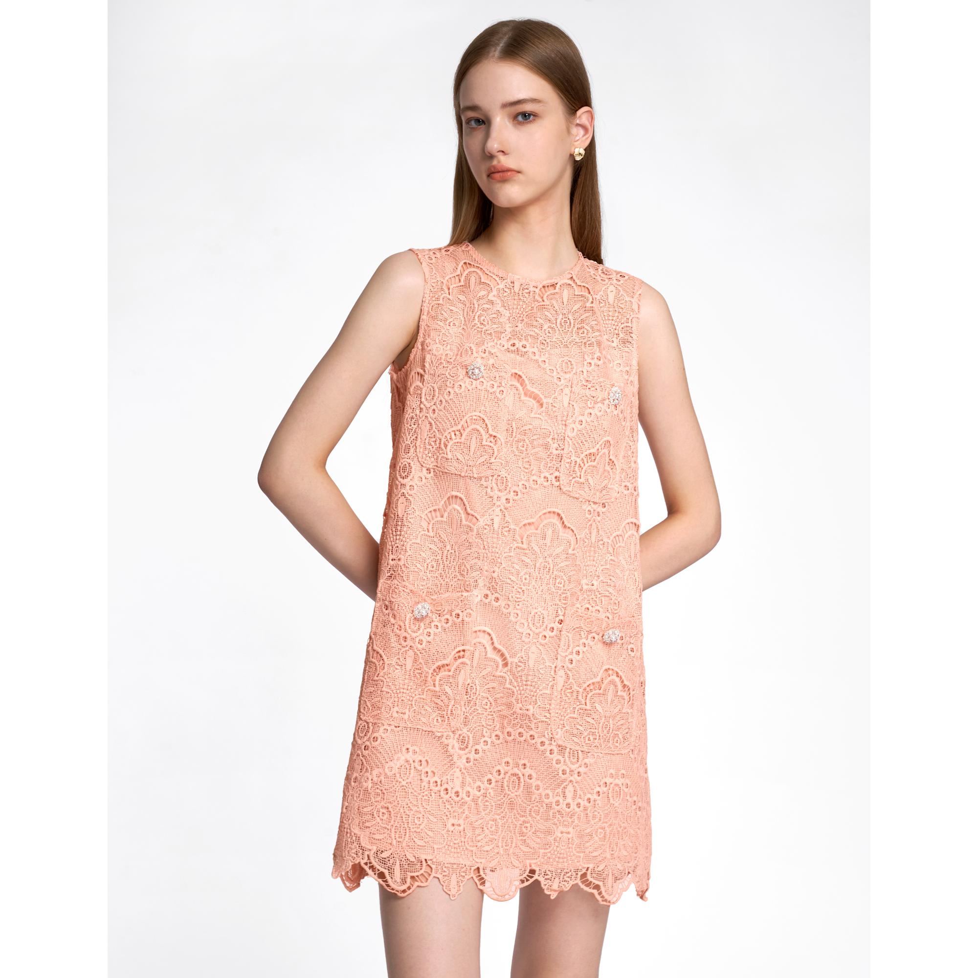Sleeveless Patch Pocket Lace Dress - Pink