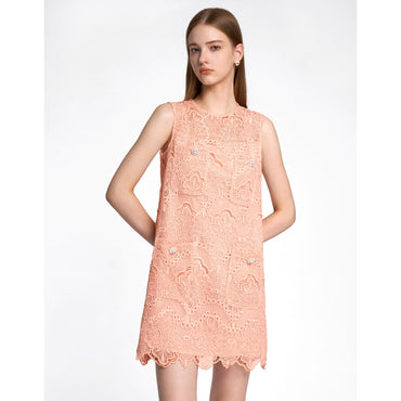 Sleeveless Patch Pocket Lace Dress - Pink