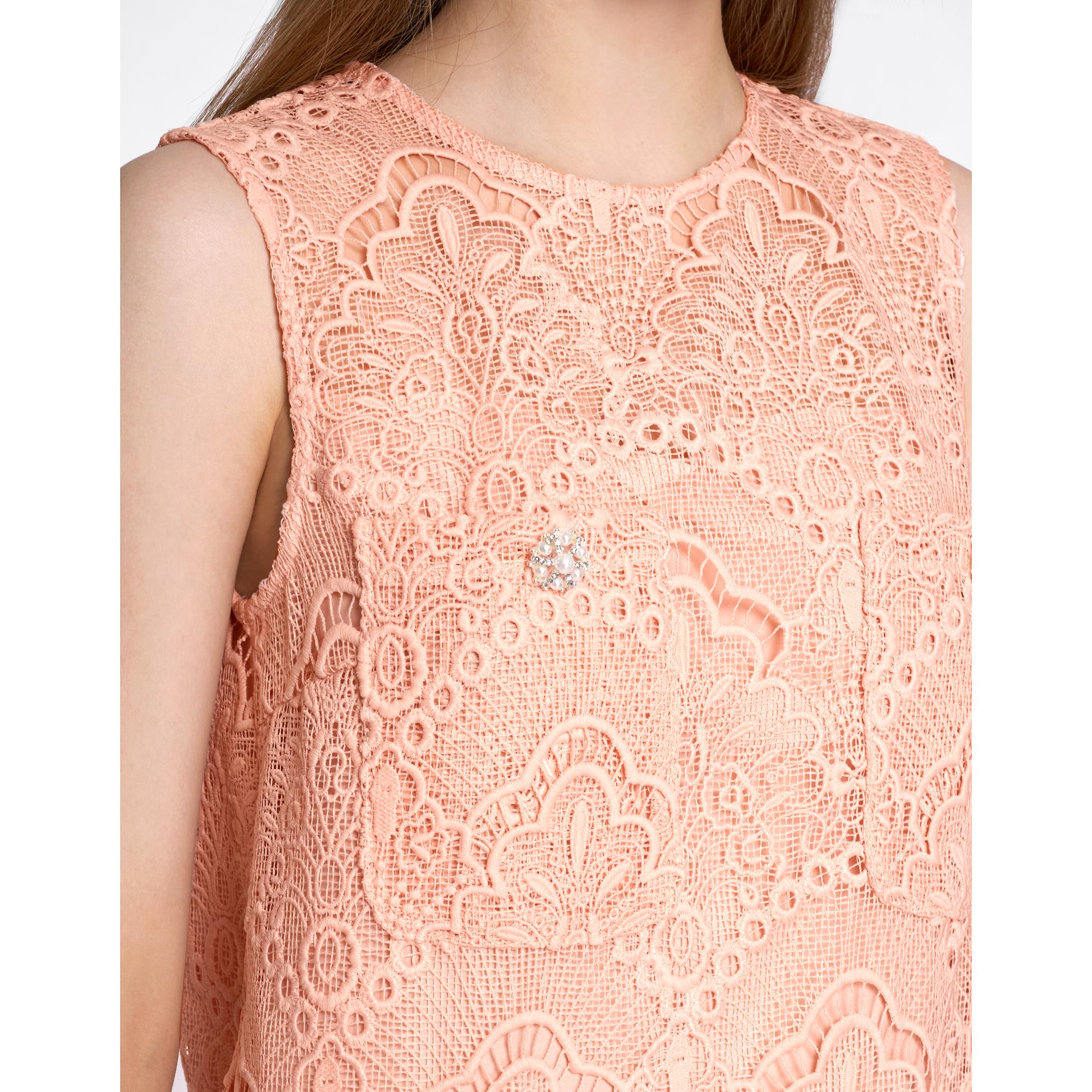 Sleeveless Patch Pocket Lace Dress - Pink