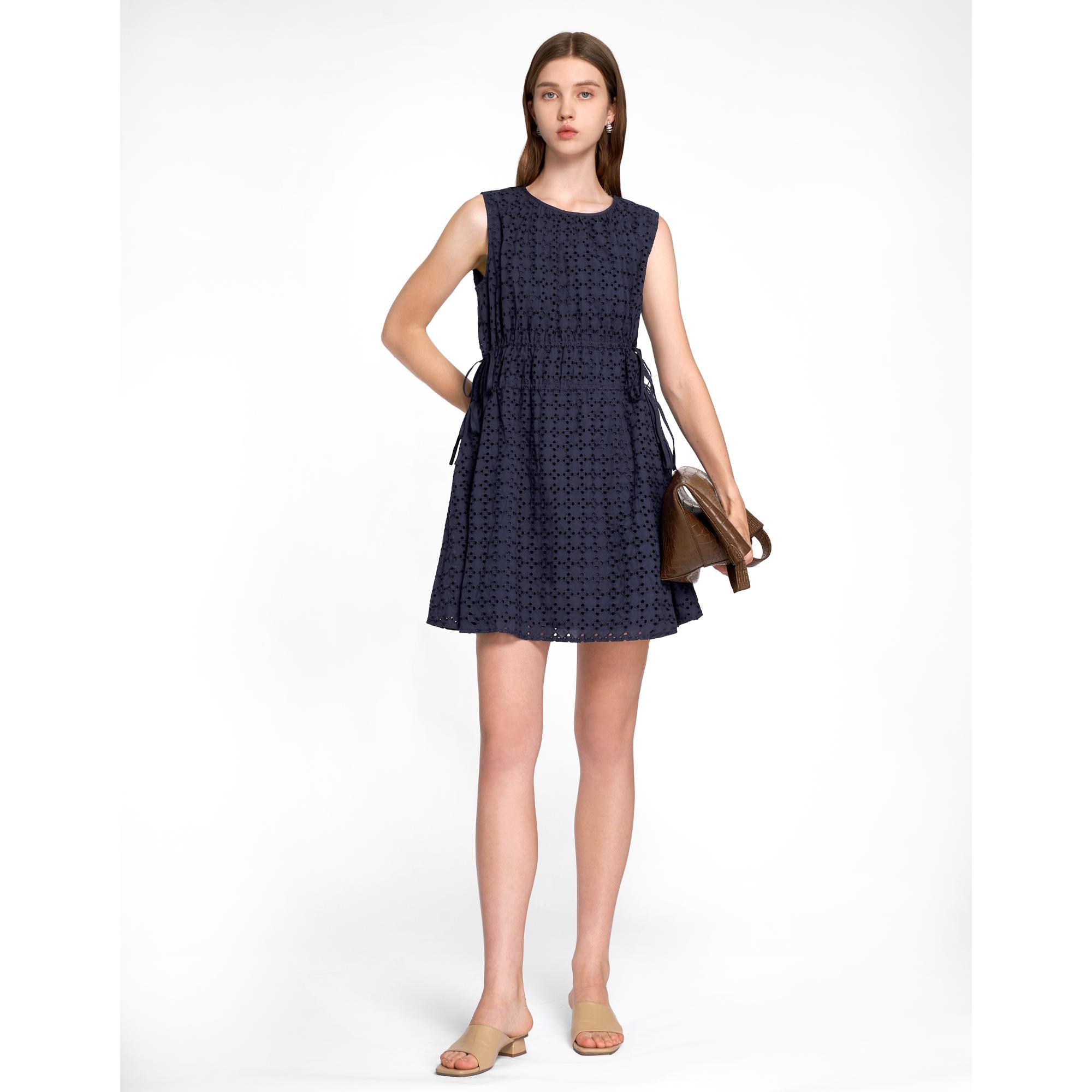 Cutwork Embroidery Drawstring Dress - Navy
