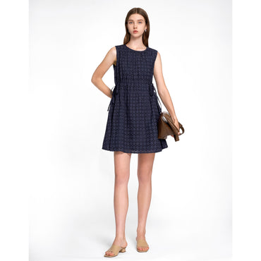 Cutwork Embroidery Drawstring Dress - Navy