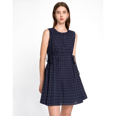 Cutwork Embroidery Drawstring Dress - Navy