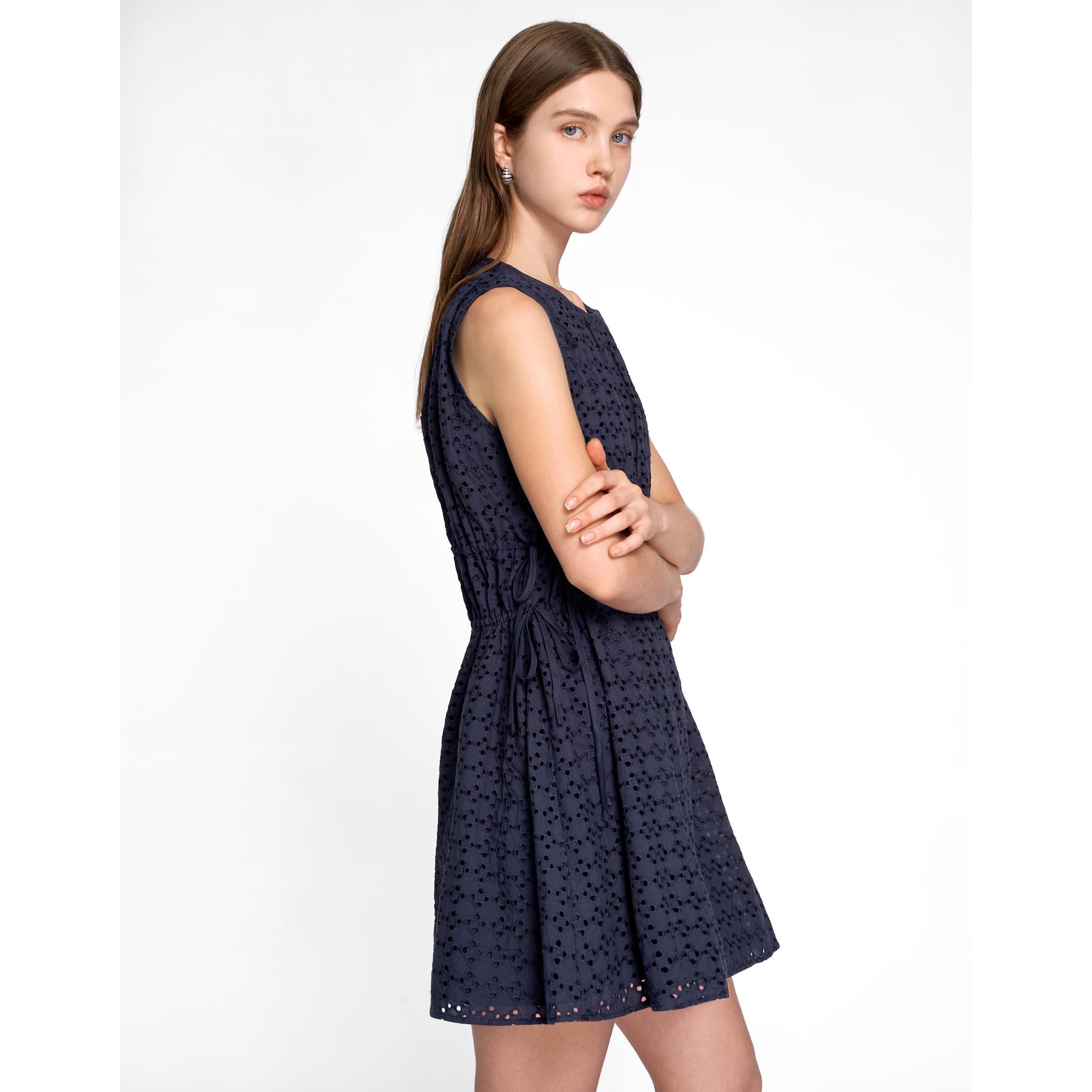 Cutwork Embroidery Drawstring Dress - Navy