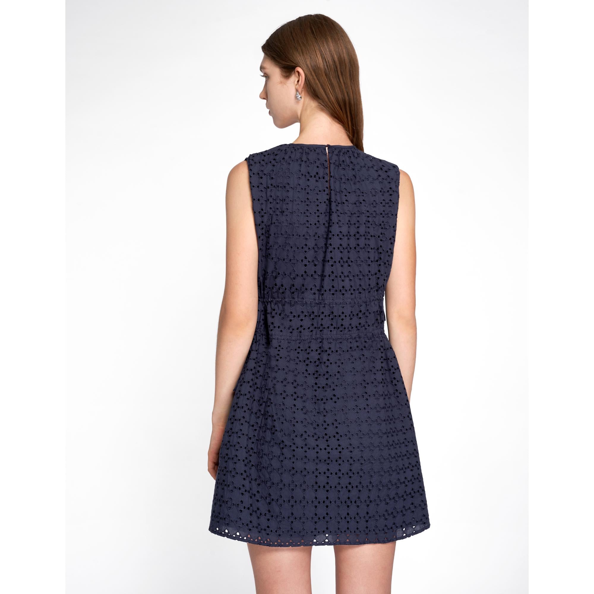 Cutwork Embroidery Drawstring Dress - Navy