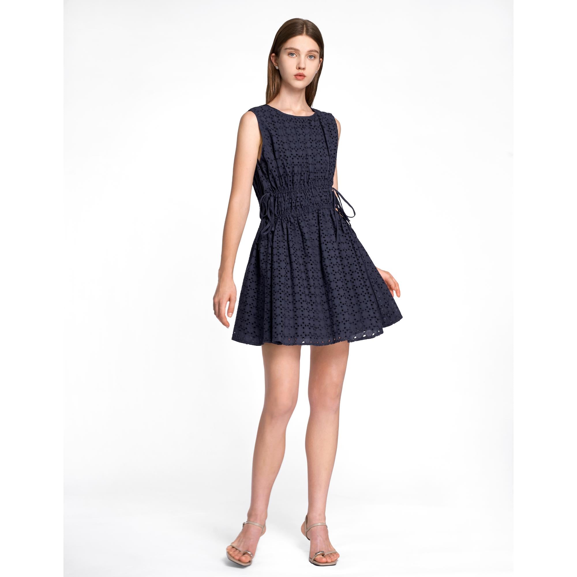 Cutwork Embroidery Drawstring Dress - Navy