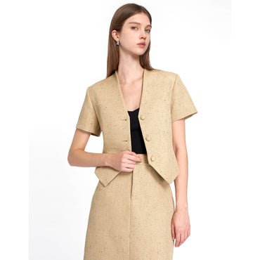 Linen-blend Short Sleeve Vest - Khaki