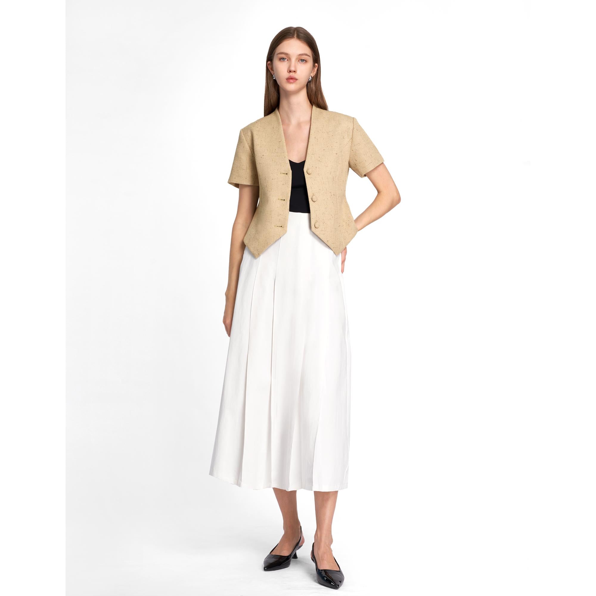 Linen-blend Short Sleeve Vest - Khaki