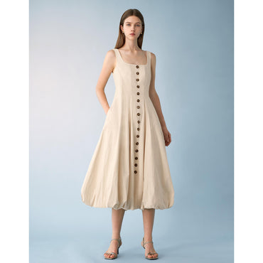 Decorative Button Bubble Hem Dress - Apricot
