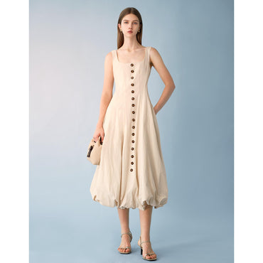 Decorative Button Bubble Hem Dress - Apricot