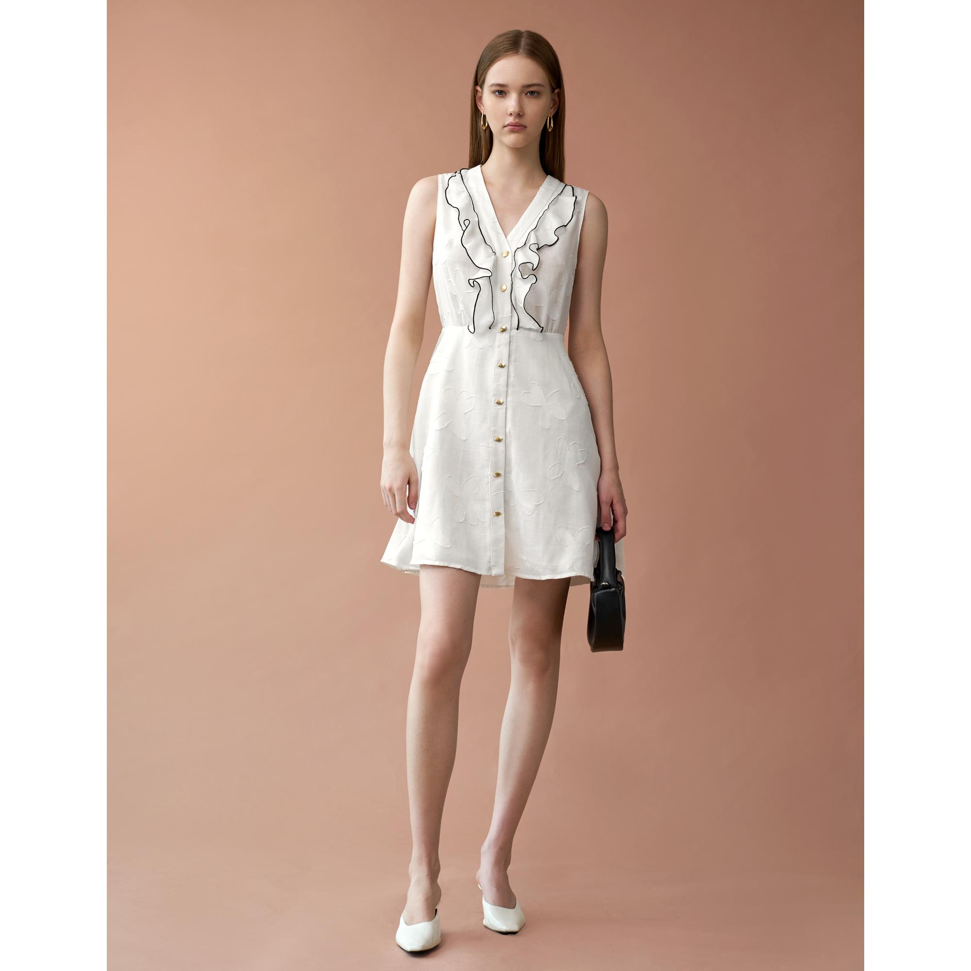 Contrast Trim Ruffle Front Dress - White