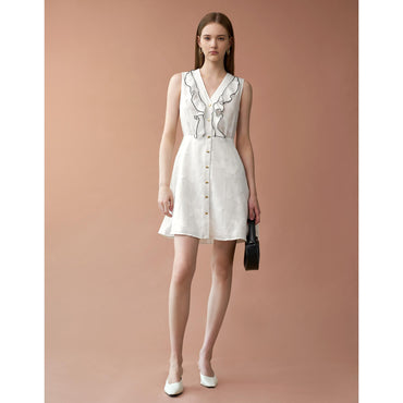 Contrast Trim Ruffle Front Dress - White