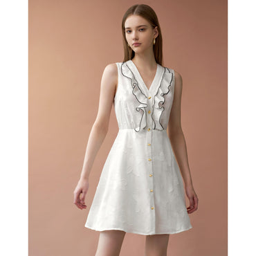 Contrast Trim Ruffle Front Dress - White