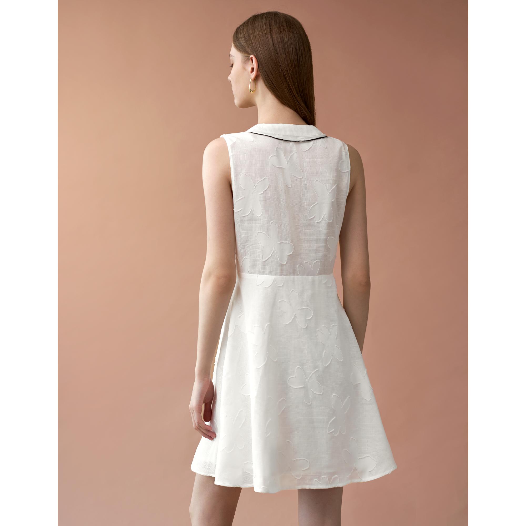 Contrast Trim Ruffle Front Dress - White