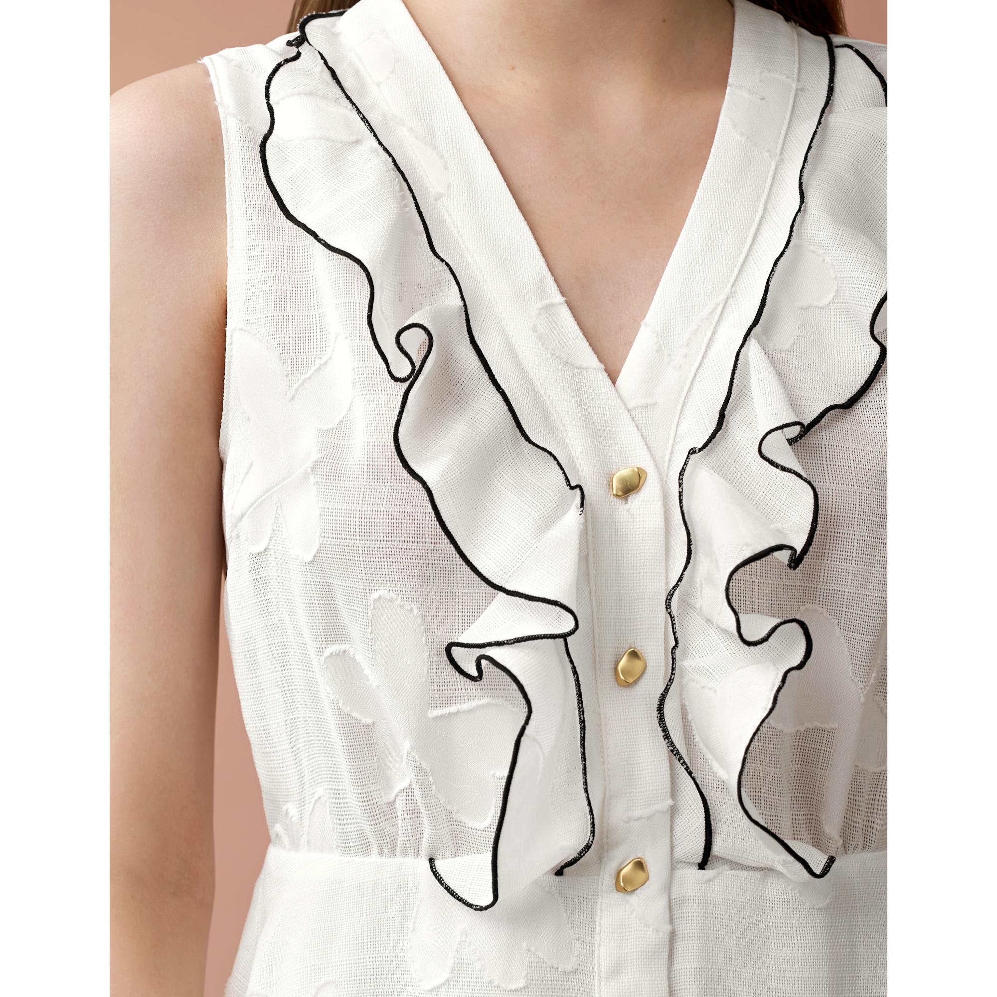 Contrast Trim Ruffle Front Dress - White