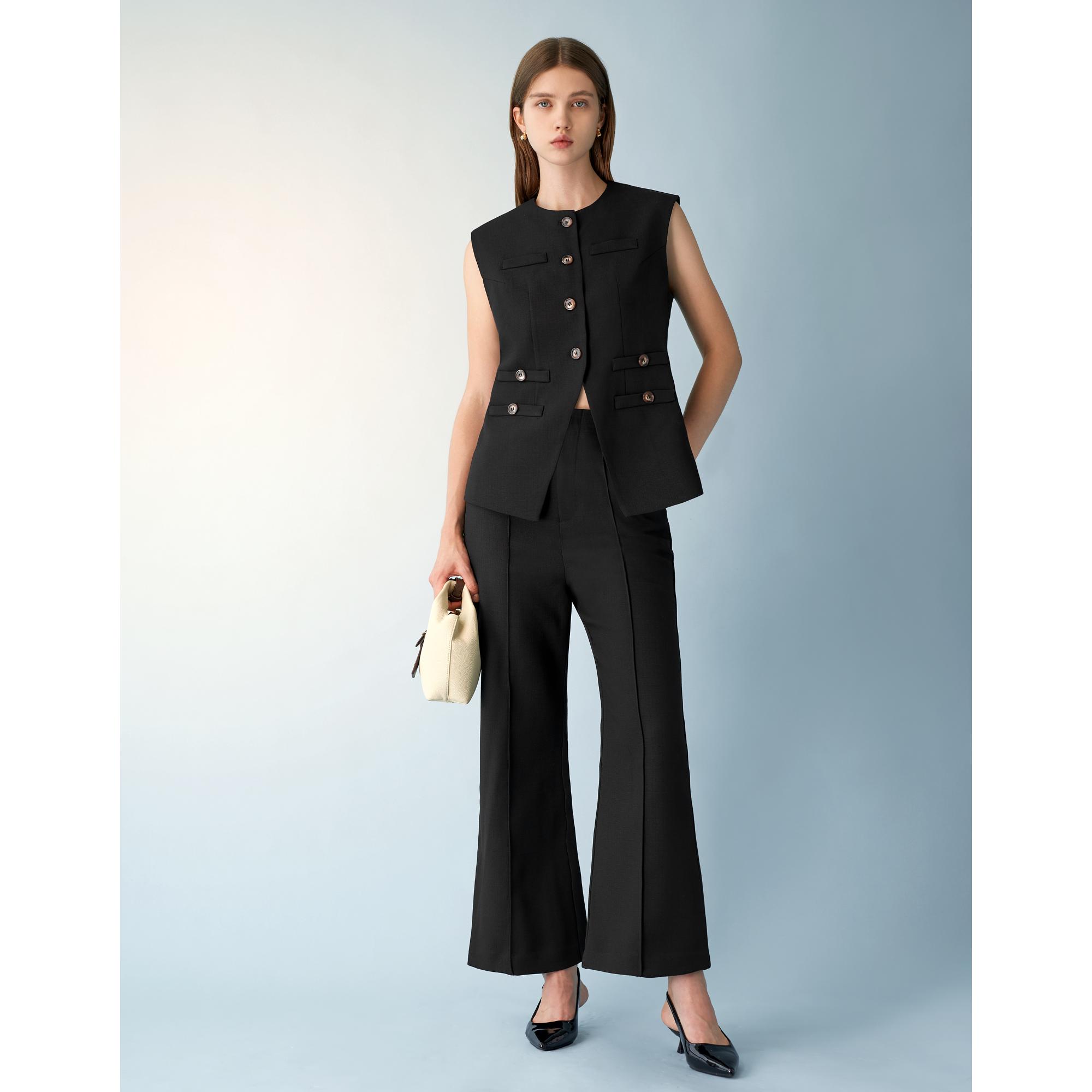 Wide Leg Textured Trousers - Black
