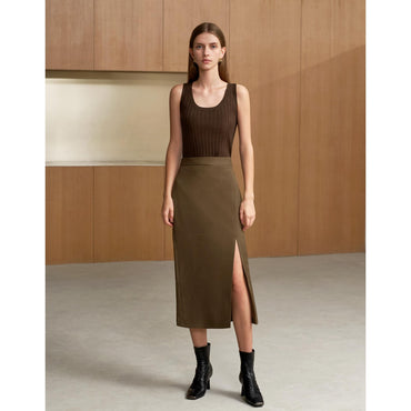Front Slit Midi Skirt - Brown