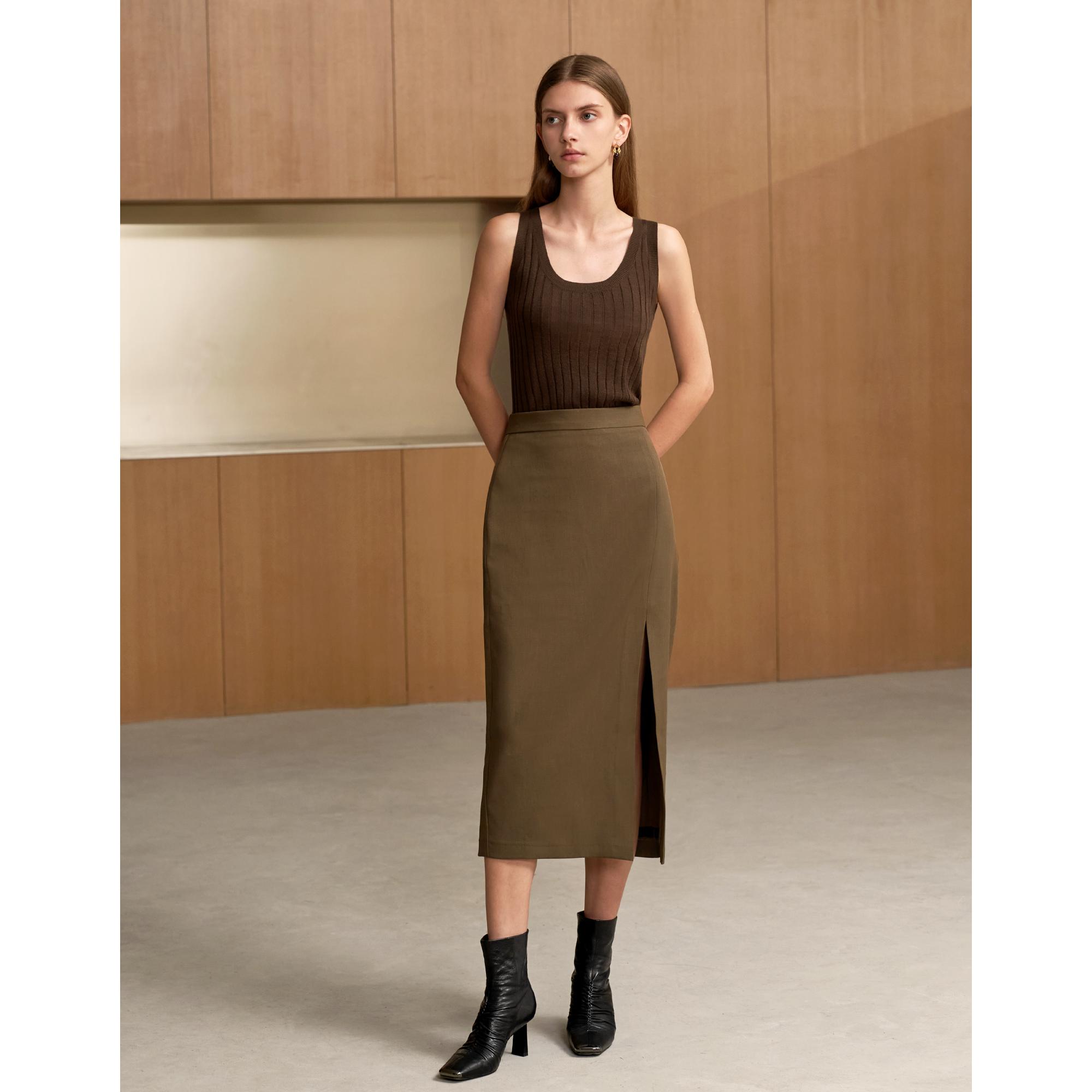 Front Slit Midi Skirt - Brown
