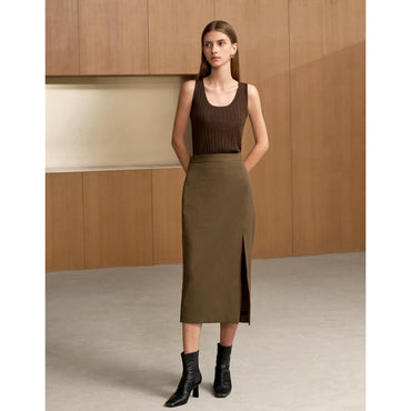 Front Slit Midi Skirt - Brown