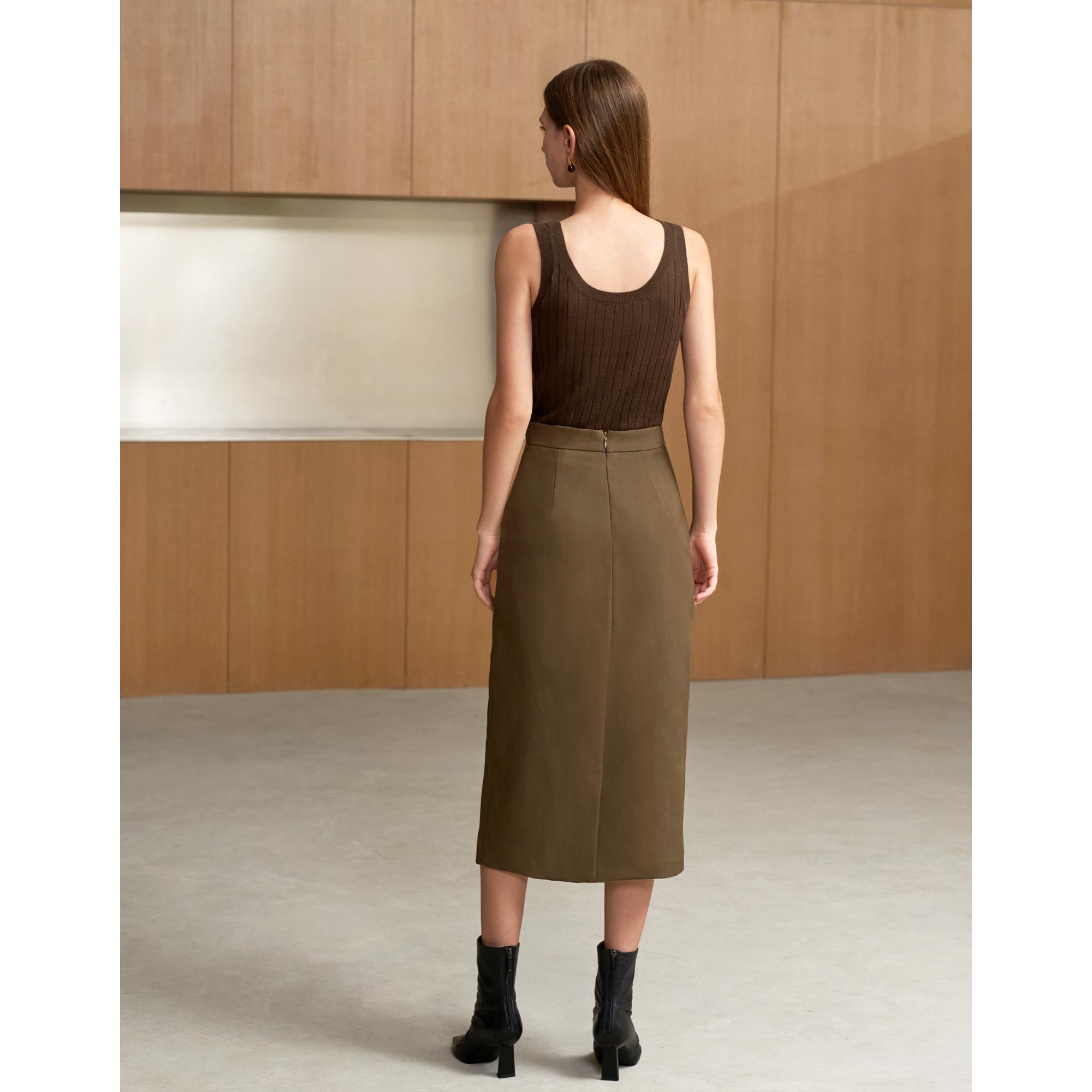 Front Slit Midi Skirt - Brown