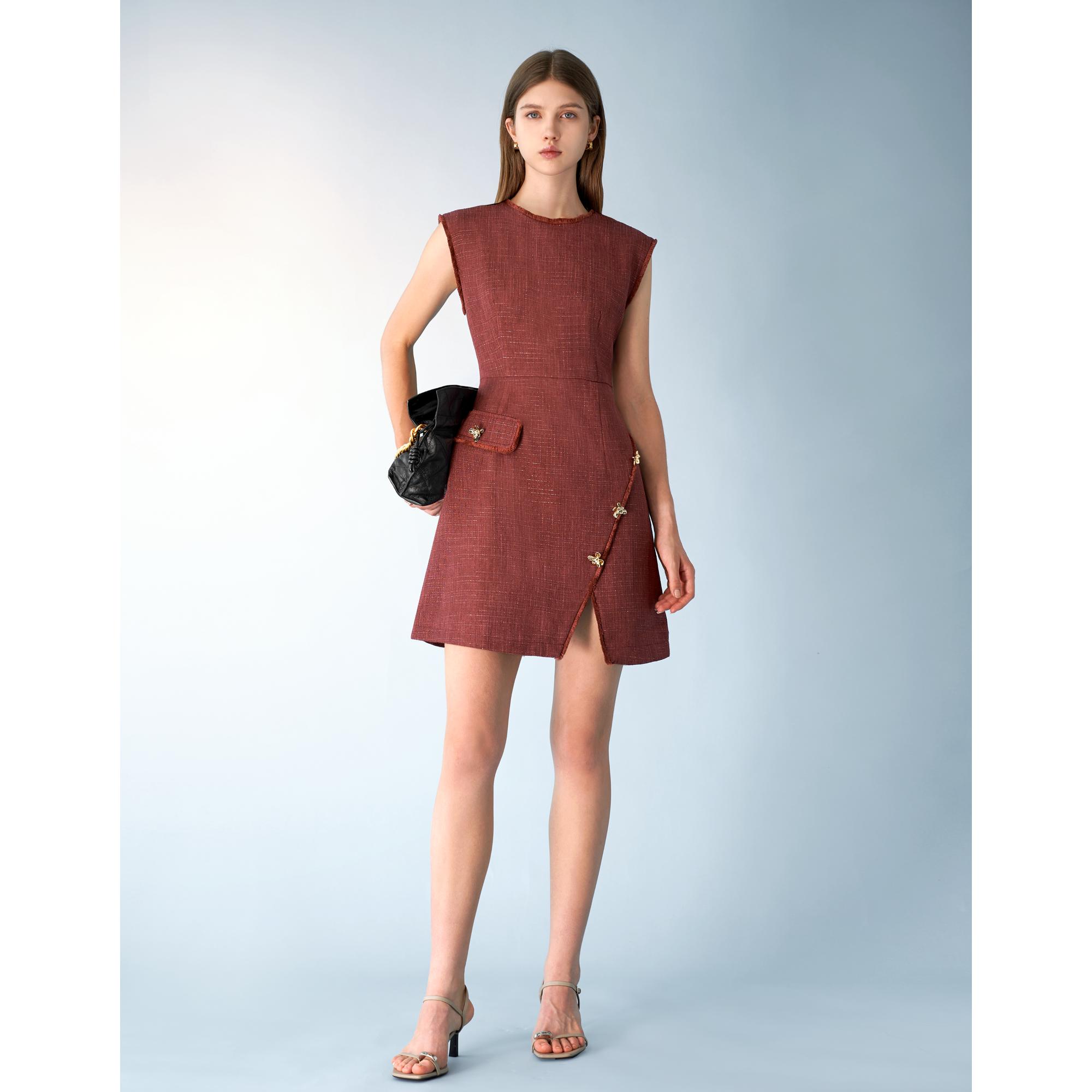 Fringe Trim Asymmetric Hem Slit Tweed Dress - Dark Red