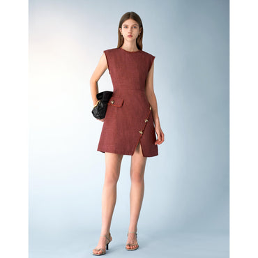 Fringe Trim Asymmetric Hem Slit Tweed Dress - Dark Red