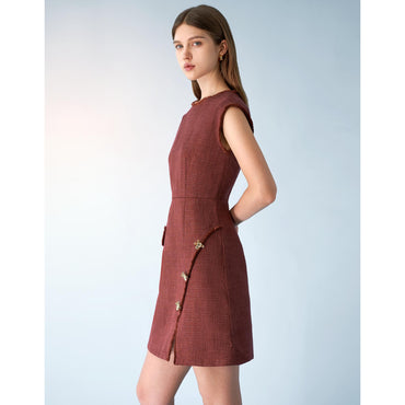 Fringe Trim Asymmetric Hem Slit Tweed Dress - Dark Red