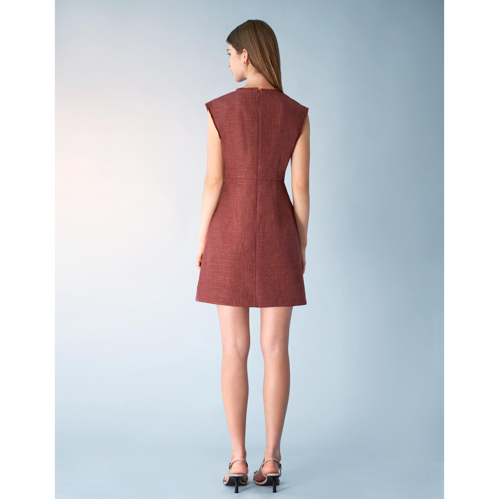 Fringe Trim Asymmetric Hem Slit Tweed Dress - Dark Red