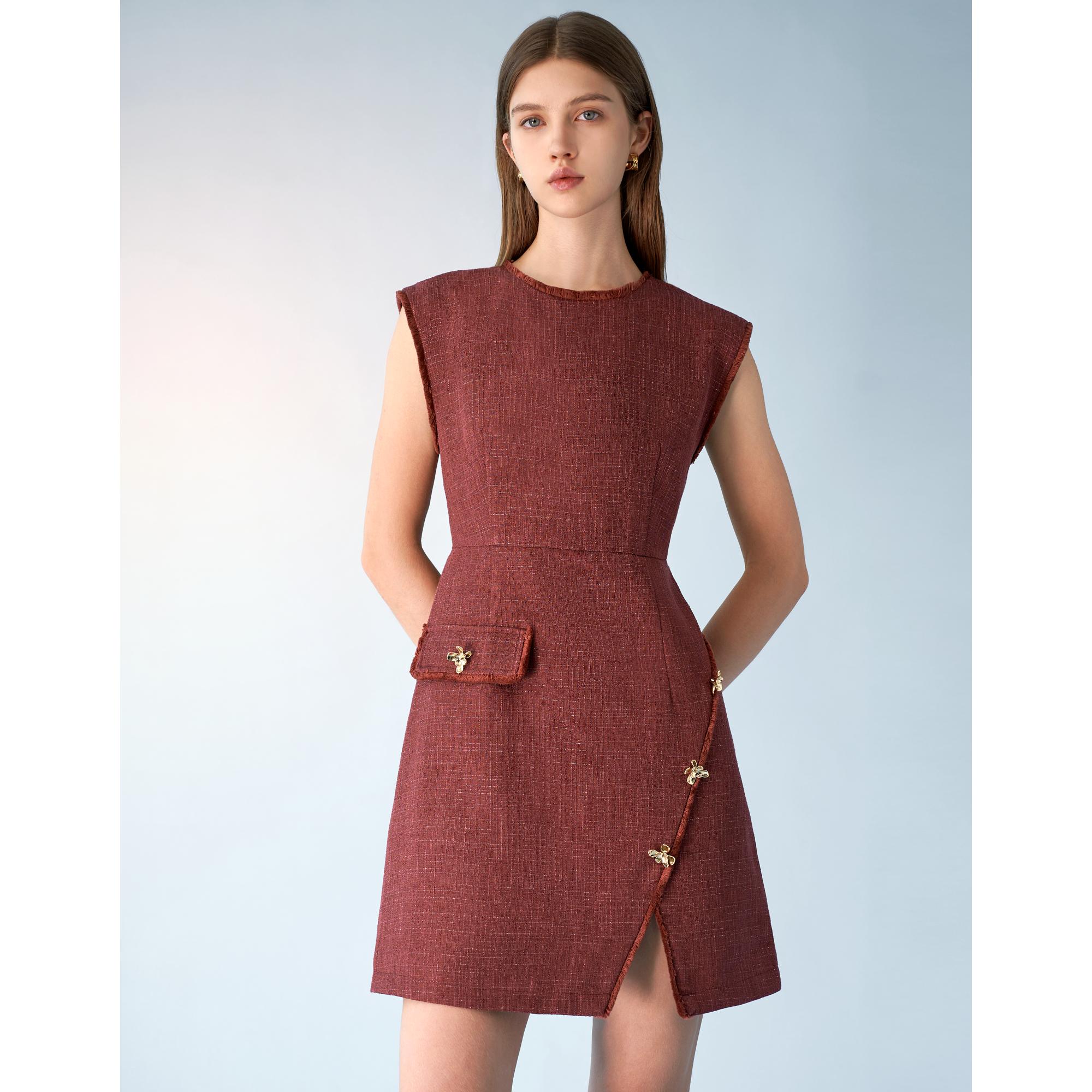 Fringe Trim Asymmetric Hem Slit Tweed Dress - Dark Red