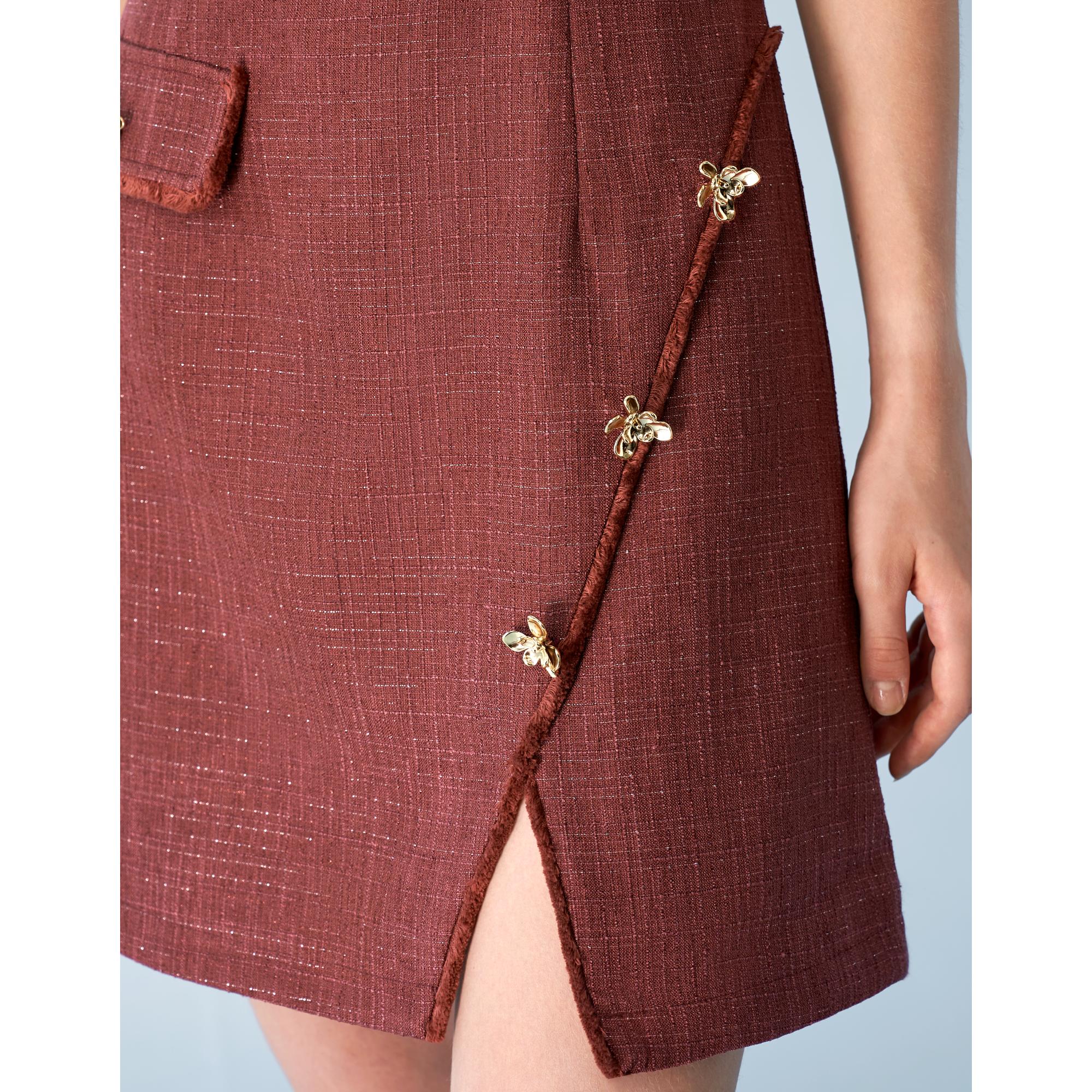 Fringe Trim Asymmetric Hem Slit Tweed Dress - Dark Red