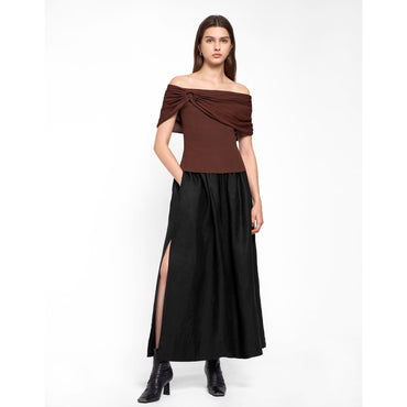 Ruched Off-shoulder Knit Top - Brown
