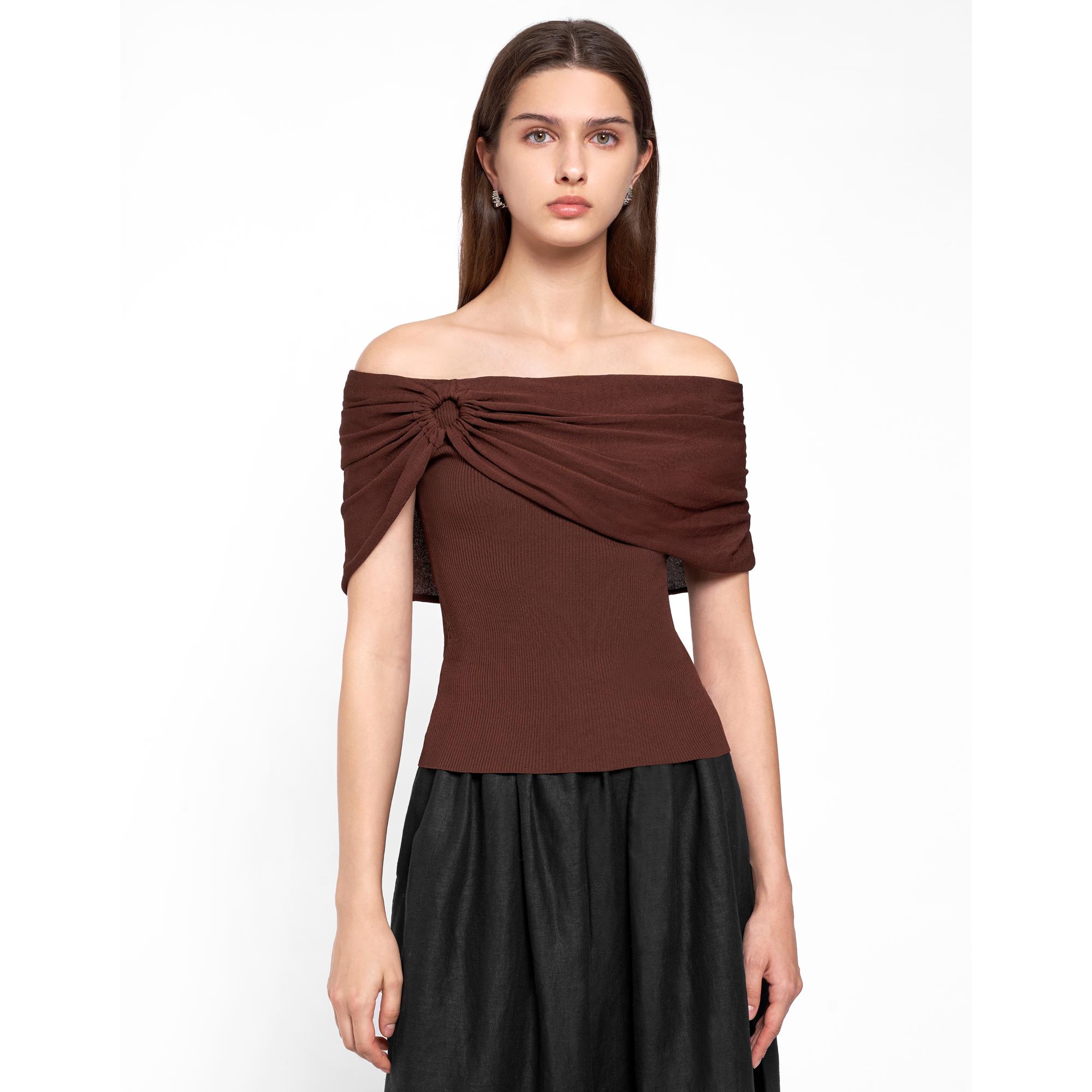 Ruched Off-shoulder Knit Top - Brown
