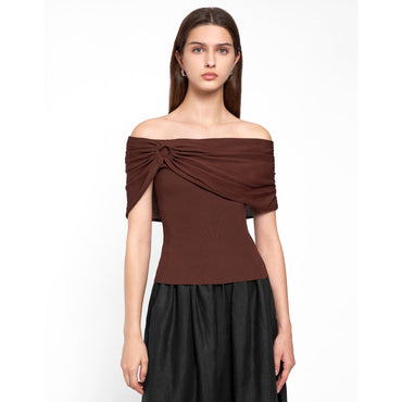 Ruched Off-shoulder Knit Top - Brown