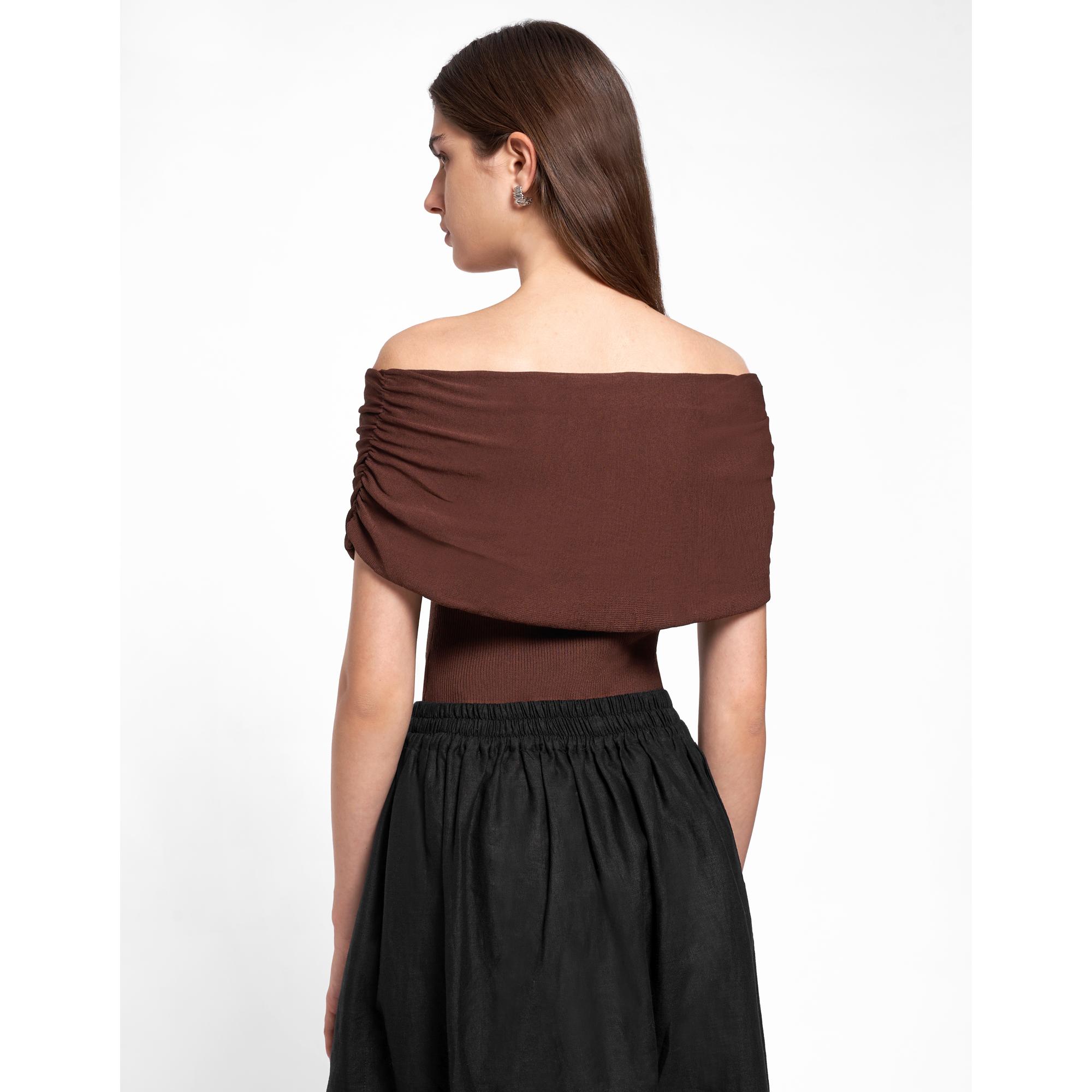 Ruched Off-shoulder Knit Top - Brown