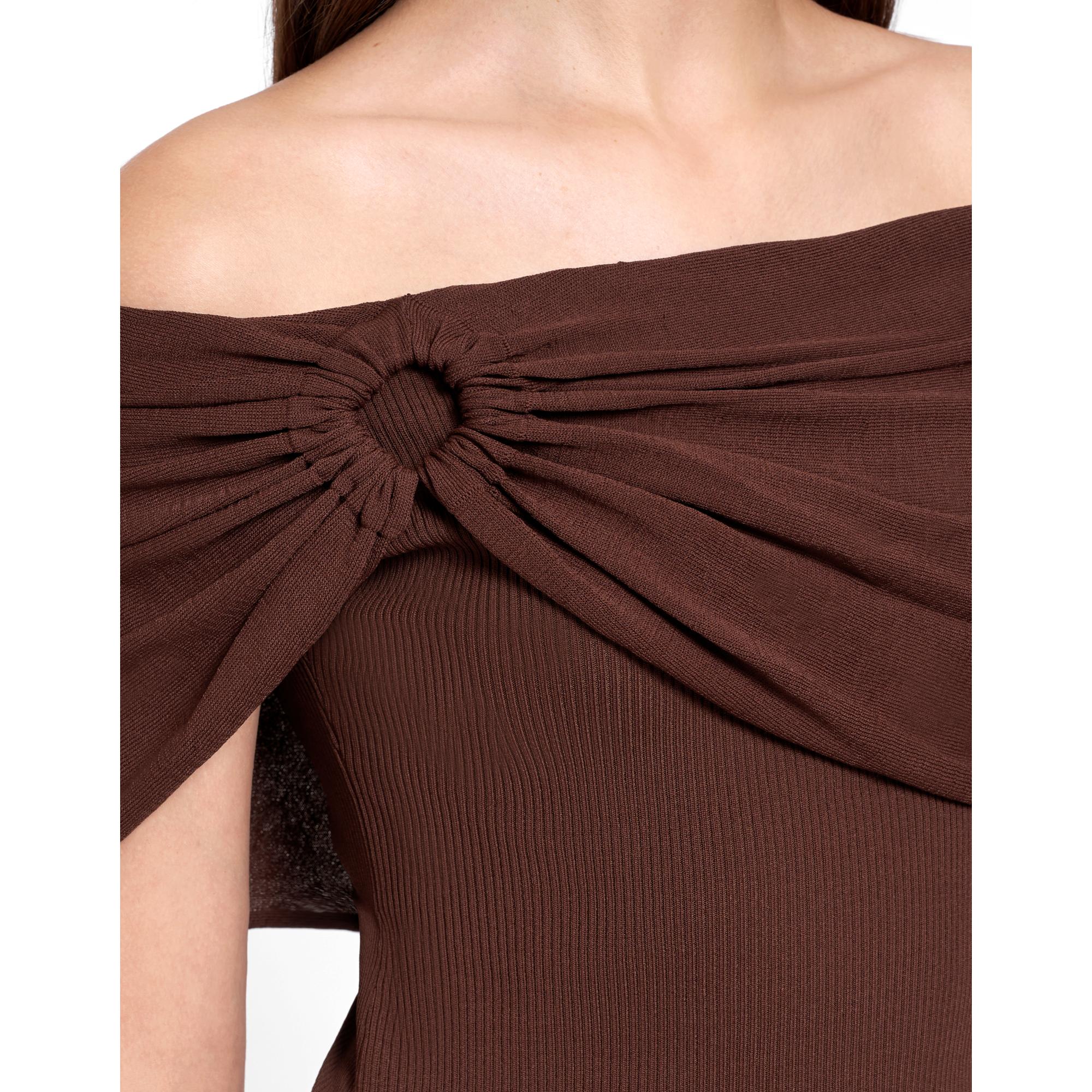 Ruched Off-shoulder Knit Top - Brown
