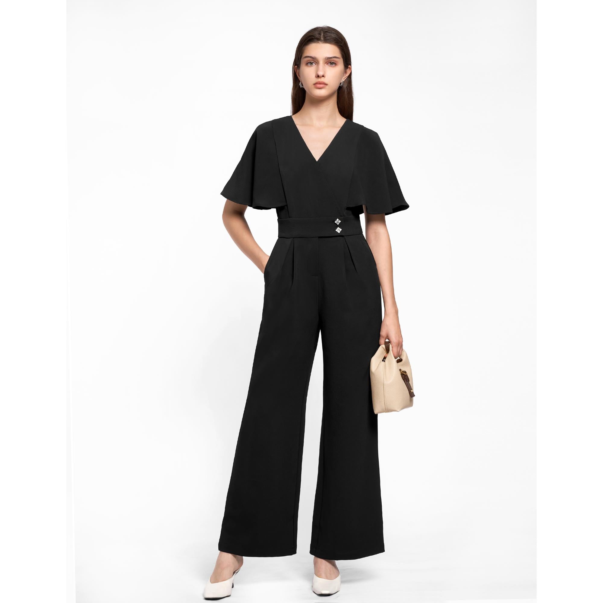 V-neck Flare Sleeves Colorblock Jumpsuit - Black