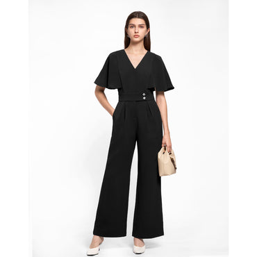 V-neck Flare Sleeves Colorblock Jumpsuit - Black