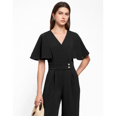 V-neck Flare Sleeves Colorblock Jumpsuit - Black