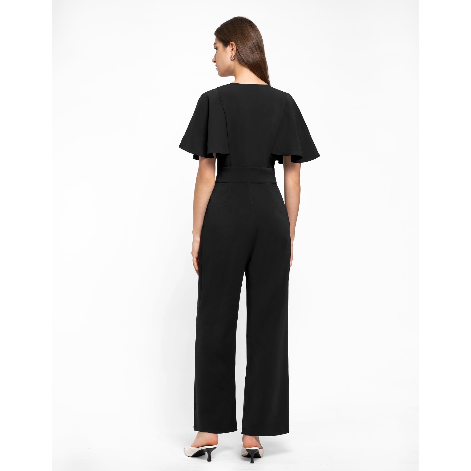 V-neck Flare Sleeves Colorblock Jumpsuit - Black