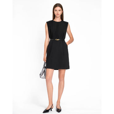 Wide Shoulder Pleated Dress - Black