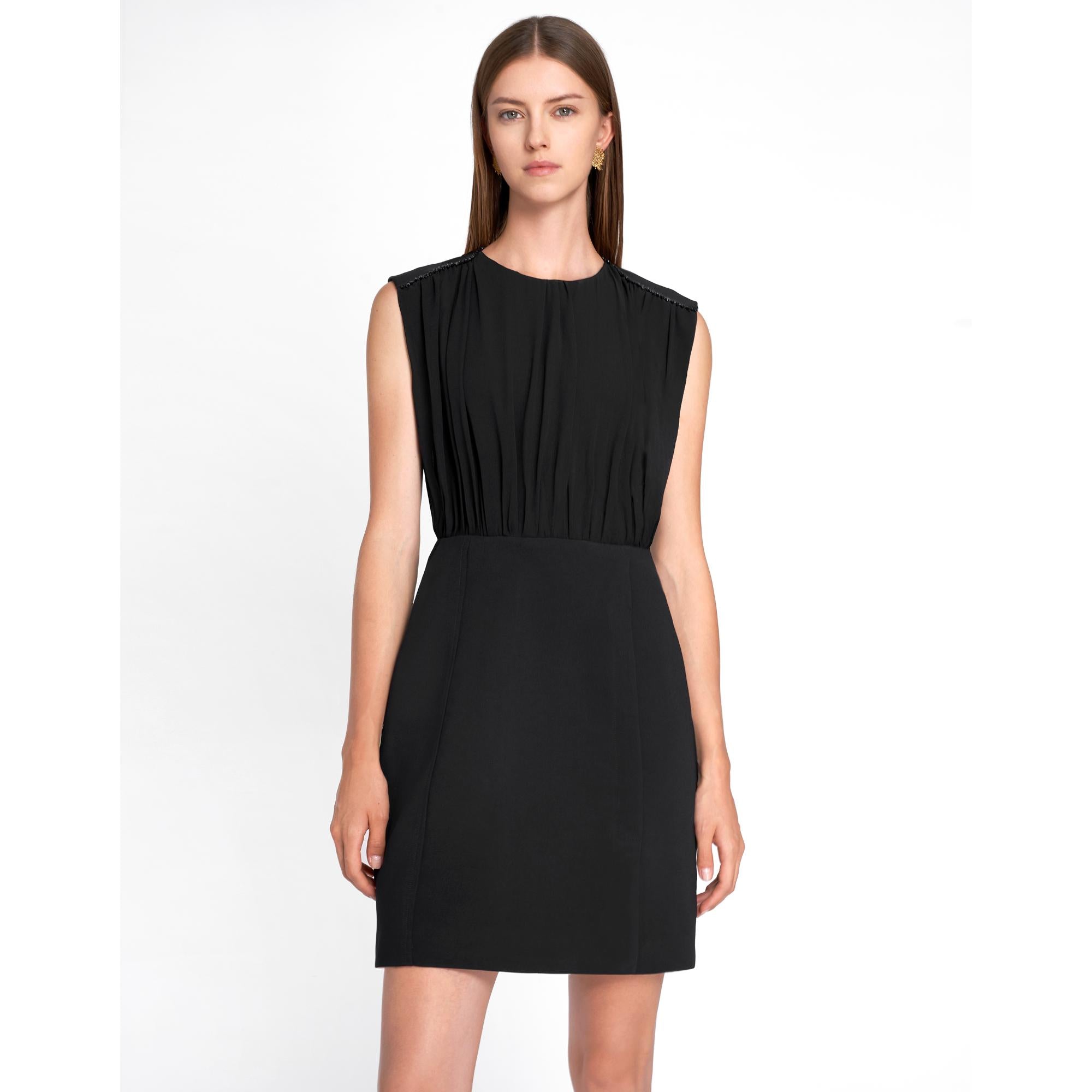 Wide Shoulder Pleated Dress - Black