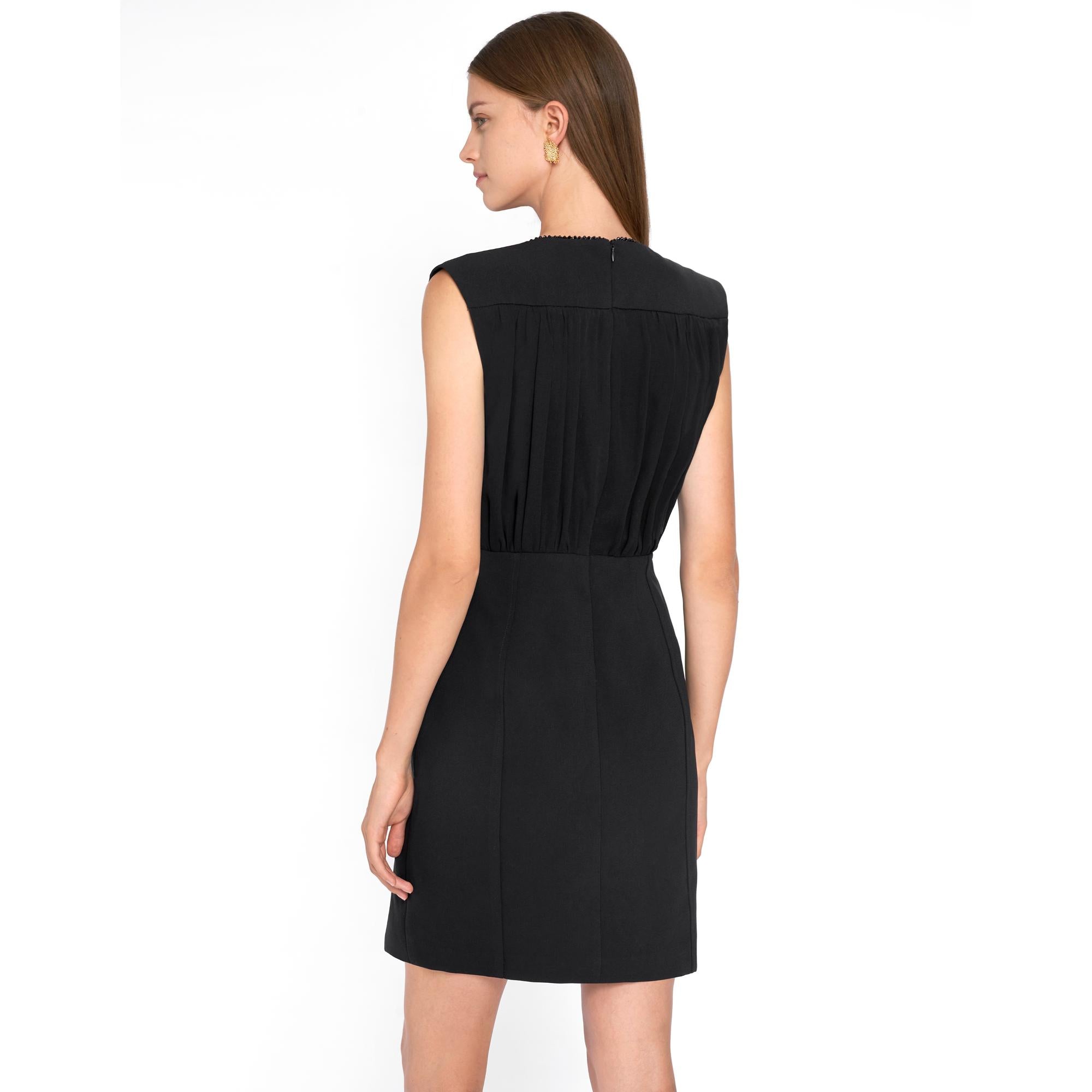 Wide Shoulder Pleated Dress - Black