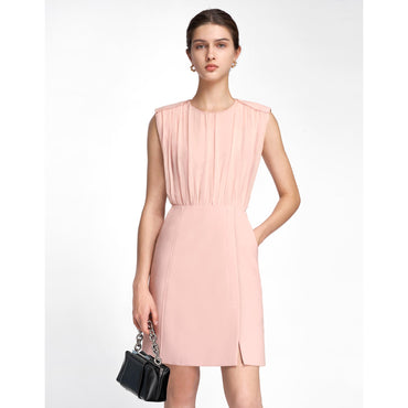 Wide Shoulder Pleated Dress - Pink