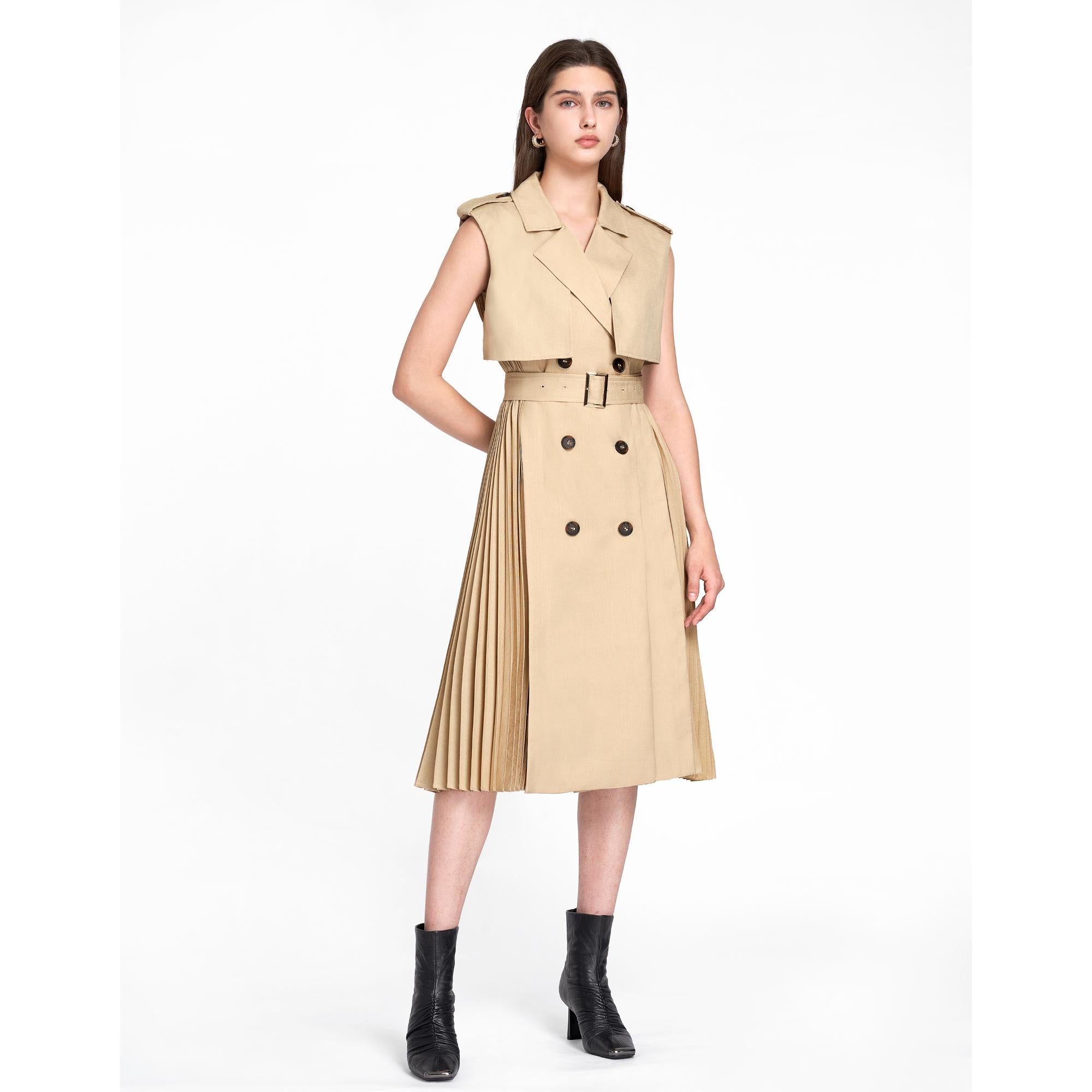 Pleated Side Midi Suit Dress - Khaki